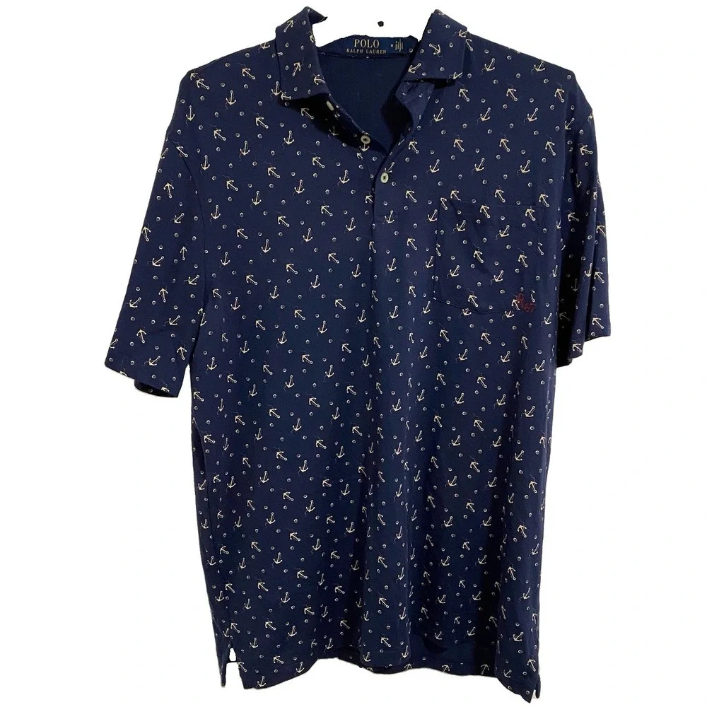 Polo Ralph Lauren Men's Navy Blue Anchor Print Polo Shirt Size M Pocket